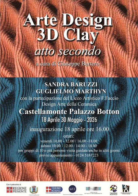 Dal 18 aprile al 30 maggio 2026 a Castellamonte (To) la mostra “Arte e design 3D Clay”