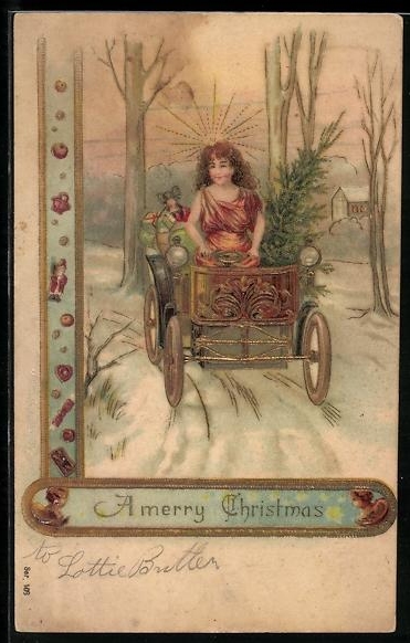 Praege AK Junge Frau im Kleid im offenen Wagen auf der Ruecksitzbank Weihnachtsgeschenke Auto