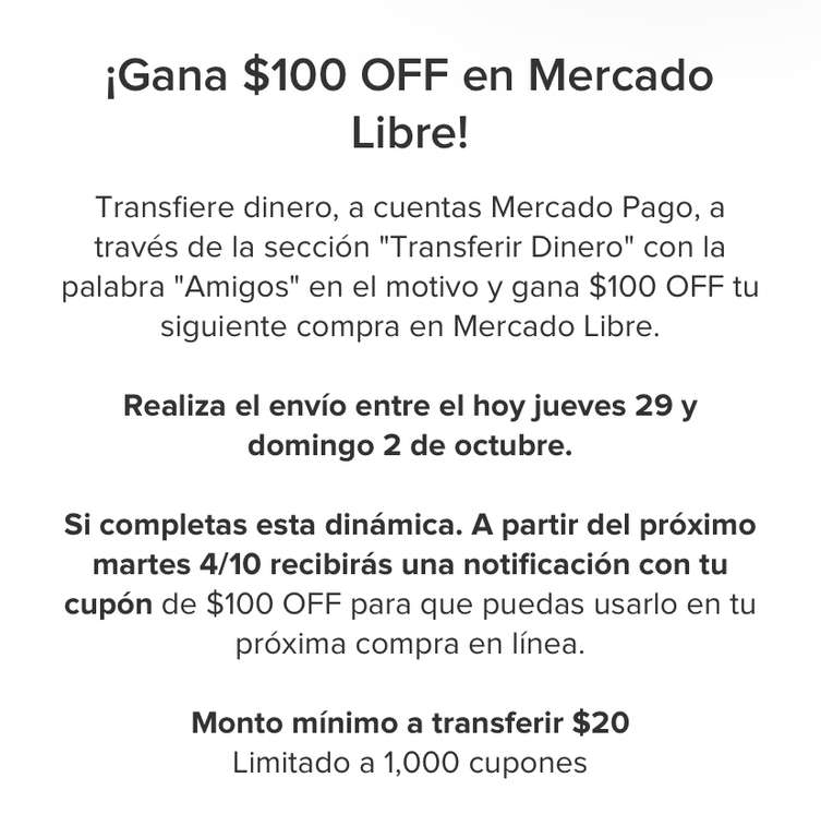 Mercado Pago: Cupón de 100 pesos en compra mínima de $101 al transferir dinero con el texto Amigos en el motivo 