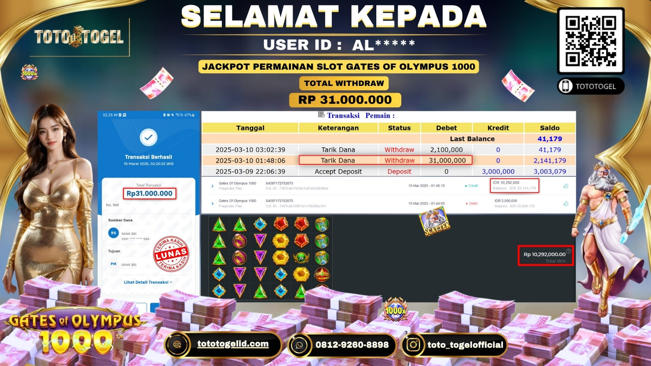 Bukti Pembayaran Jackpot  Permainan Slot Gates Of Olympus 1000 ID:AL***** LUNAS