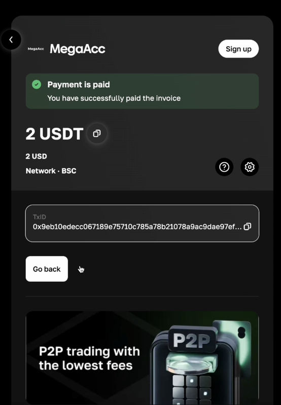 Payment successful confirmation from Cryptomus payment gateway