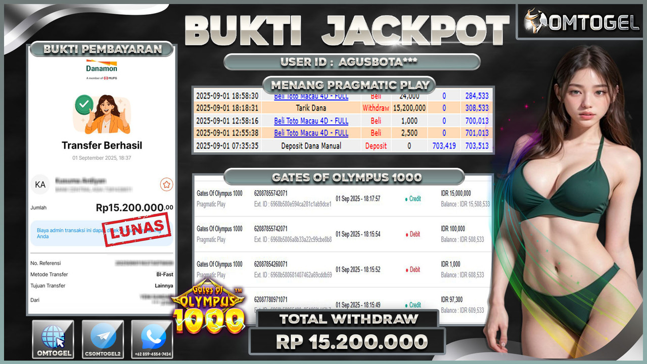 OMTOGEL JACKPOT PRAGMATIC PLAY GATES OF OLYMPUS 1000 15 JUTA DI BAYAR LUNAS ,-