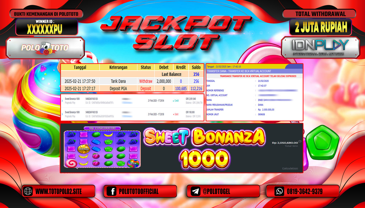 POLOTOTO JACKPOT SLOT SWEET BONANZA 1000 Rp.2.000.000,-