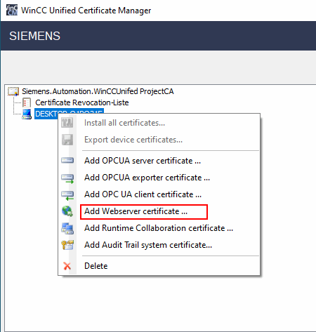 WinCC Unified Runtime on engineering computer certificates WinCC Unified Runtime on engineering computer certificates