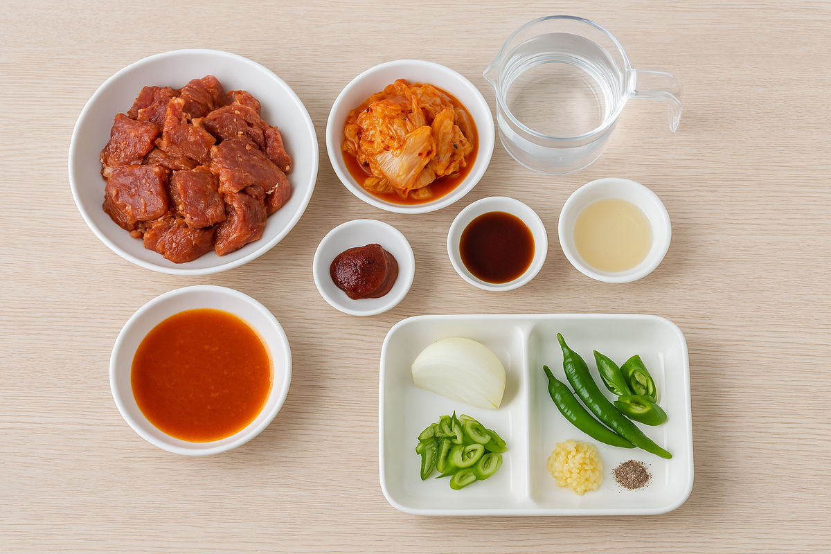 김치찌개 재료를 접시에 각각 담은 모습