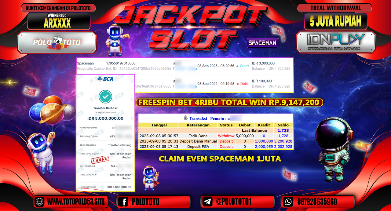 POLOTOTO JACKPOT SLOT SPACEMAN Rp.5.000.000,-