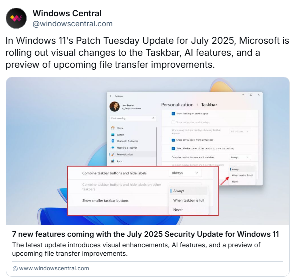 Windows 11 Änderungen Juli 2025