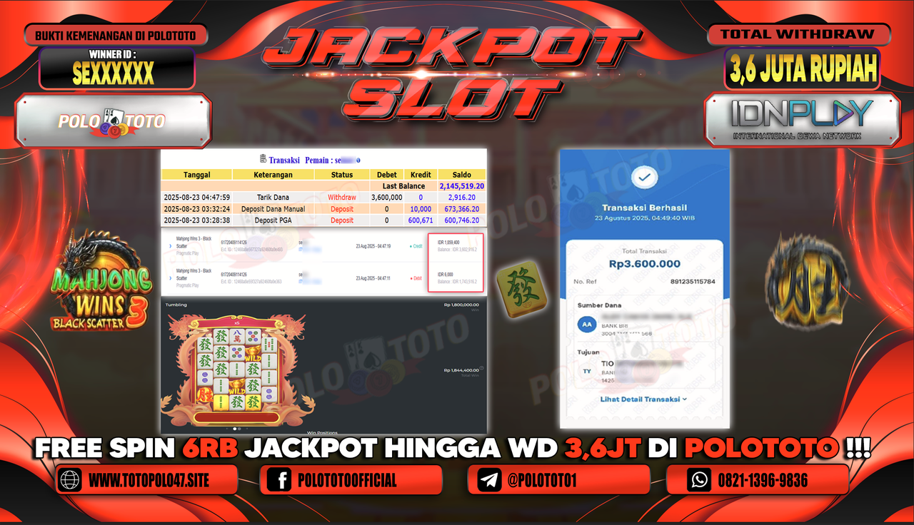 POLOTOTO JACKPOT SLOT MAHJONG WINS 3-BLACK SCATTER Rp.3.600.000,-