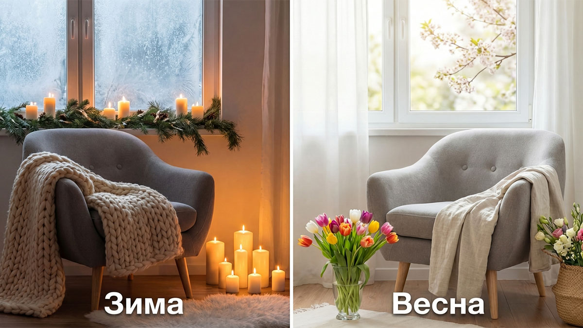 Пример сезонного обновления фотозоны: зима и весна с одной и той же мебелью