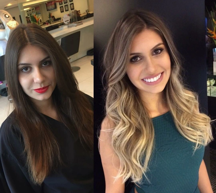 Long black hair dyed balayage ombre blonde