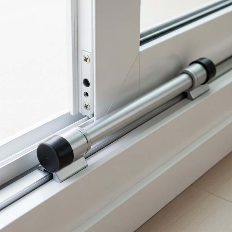 Adjustable steel security bar placed in sliding glass door track to prevent forced entry