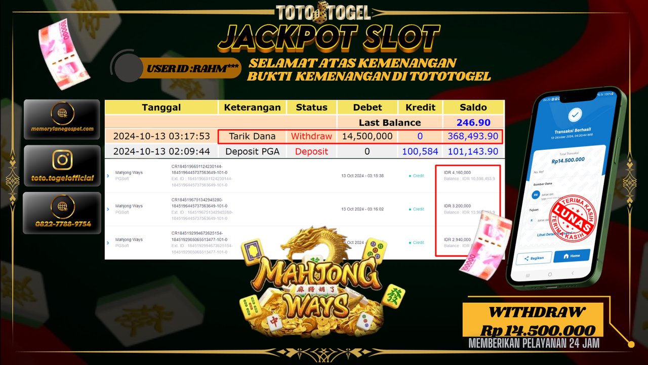 Bukti Kemenangan Permainan Slot Mahjong Wayz ID : RAHM*** Terbayar Lunas!!