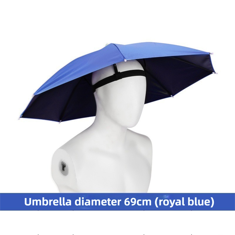 Royal Blue Foldable Sun & Rain Umbrella Hat (Diameter 69CM) - 99% UV Potective and Wind/Rainproof Fishing Umbrella with Elastic Headband