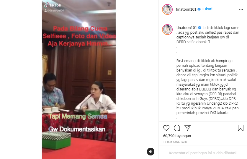 Tina Toon membagikan video TikTok saat sedang bekerja di DPRD DKI Jakarta