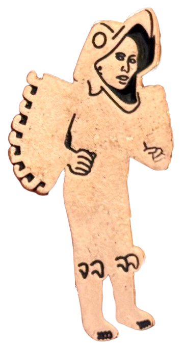 a metal pin immitating the an Eagle Warrior terracotta figure on view at el Museo Nacional de Antropología en el Ciudad de Mexico