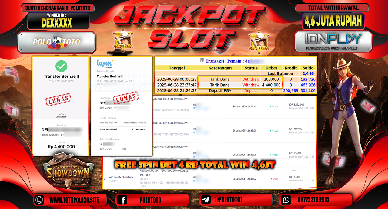 POLOTOTO JACKPOT SLOT WILD BOUNTY SHOWDOWN Rp.4.600.000,-