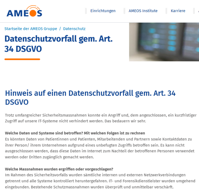Ameos DSGVO-Mitteilung