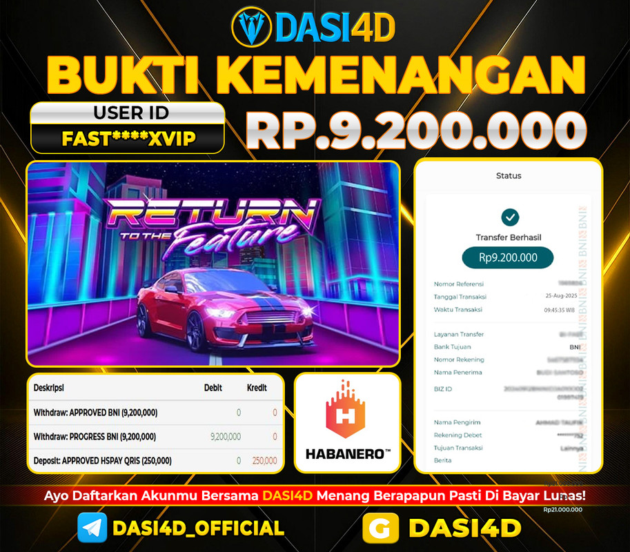 BUKTI KEMENANGAN 25 AGUSTUS 2025 DI  RETURN TO THE FEATURE WD RP. 9.200.000