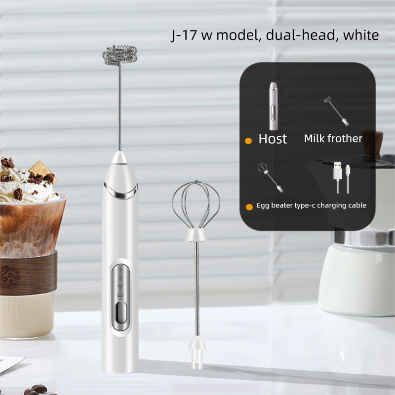 Rechargeable Electric Milk Frother Handheld - 3 Speed Adjustable Foam Maker with 2 Stainless Steel Whisks - Portable Coffee Mixer & Egg Beater for Flat Whites, Lattes & Baking (White)