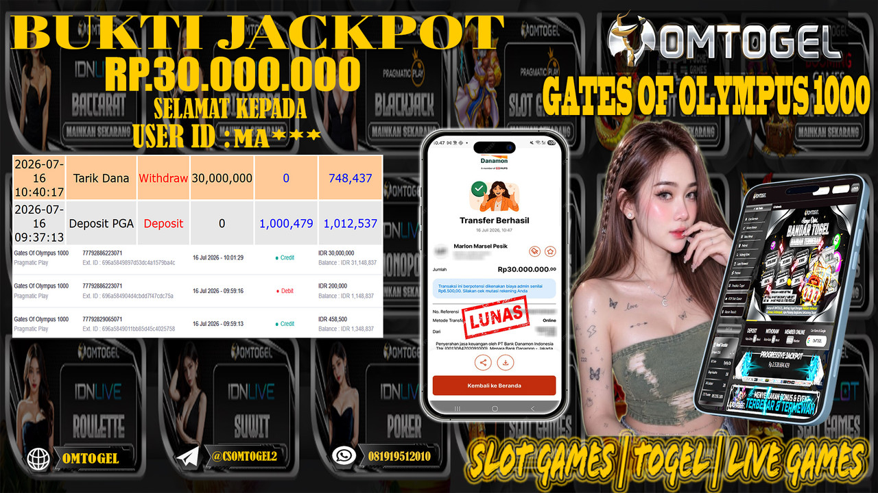 OMTOGEL JACKPOT PRAGMATICPLAY GATES OLYMPUS 1000 Rp.30,000,000,- DIBAYAR LUNAS