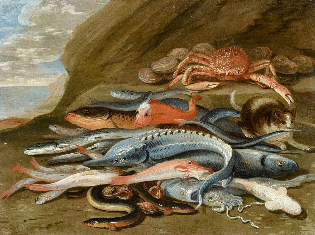 3_Натюрморт с рыбой, крабом и котом (Still life with fish, crab and cat)_10.5 х 15.5_медь, масло_Час