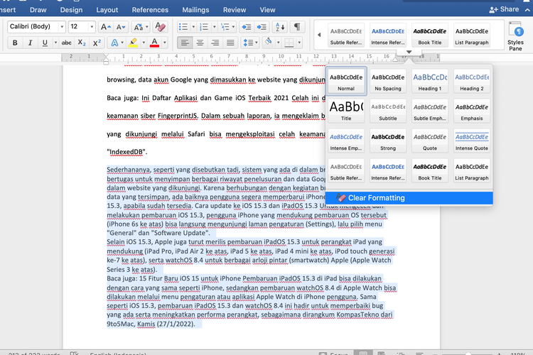 Ilustrasi cara mengatur spasi yang berantakan di Microsoft Word.