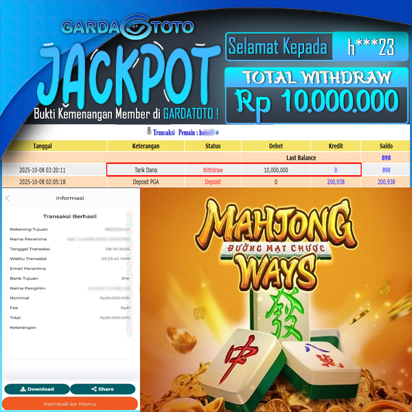JACKPOT DI PERMAINAN  SLOT PG SOFT MAHJONG WAYS  WD Rp 10.000.000,- DIBAYAR LUNAS GARDATOTO MANTAP !
