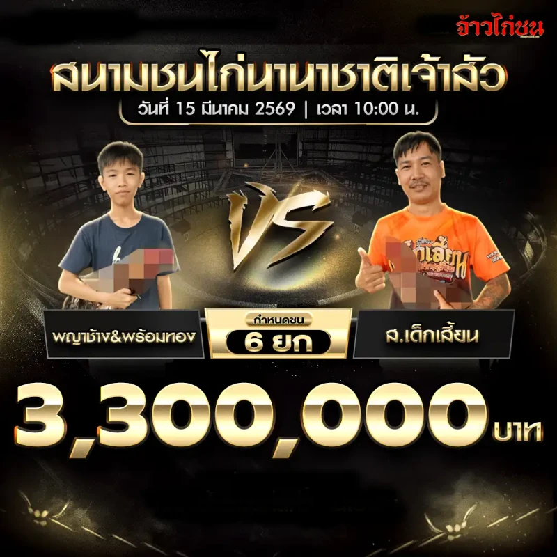 โปรแกรมไก่ชน คู่ พญาช้างและพร้อมทอง พบ ส.เด็กเสี้ยน สนามชนไก่นานาชาติเจ้าสัว 15 มีนาคม 2569