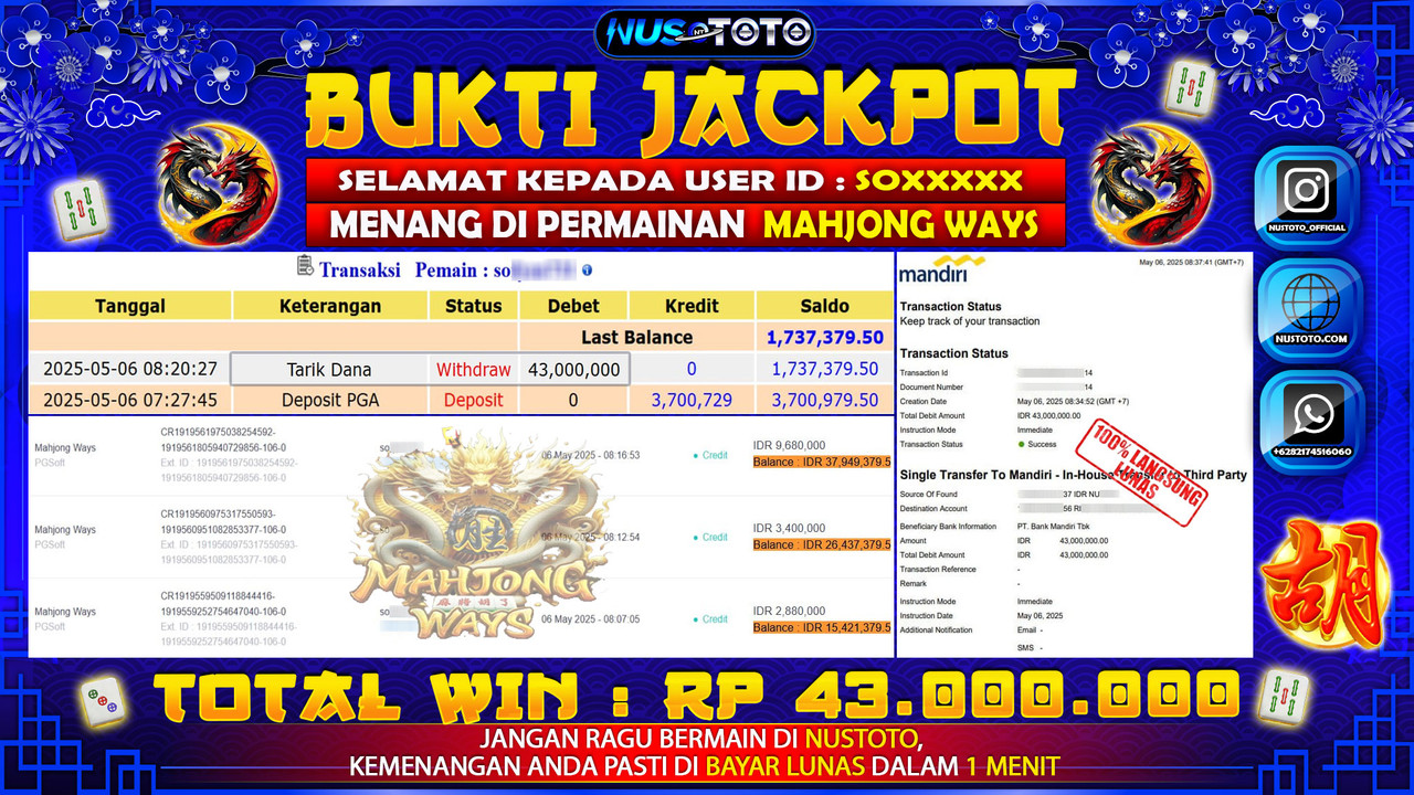 JACKPOT !! MENANG BESAR DI MAHJONG WAYS Rp. 43.000.000 LANGSUNG DI BAYAR LUNAS NUSTOTO !!