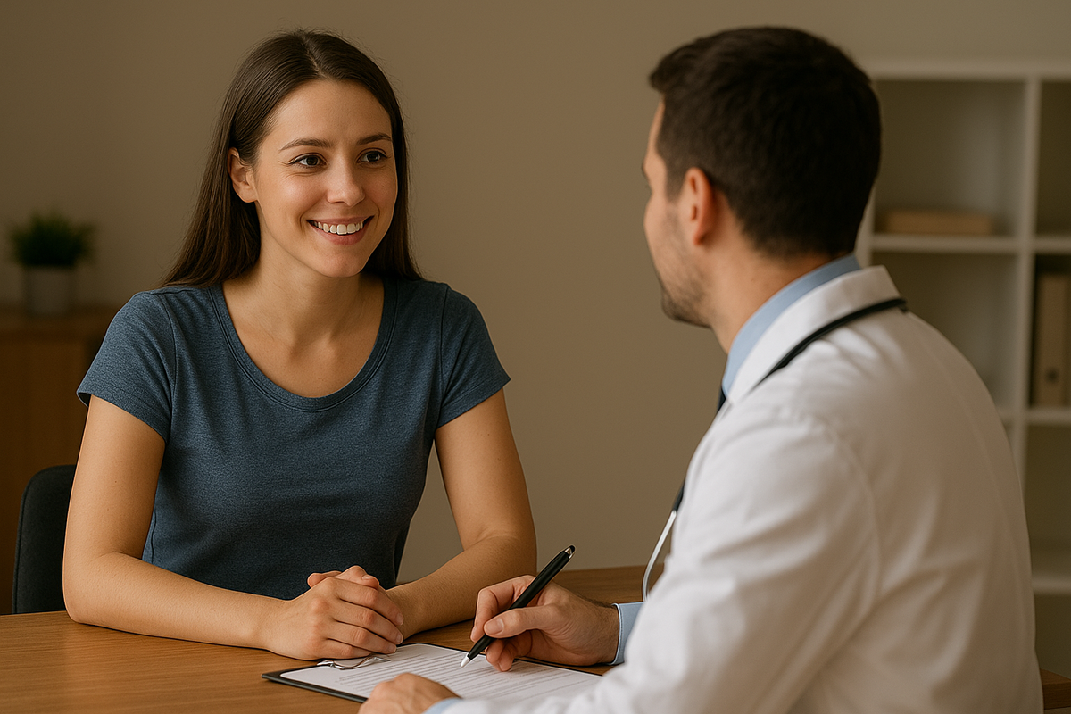 Doctor with stethoscope talking to patient, faces visible, medium lighting