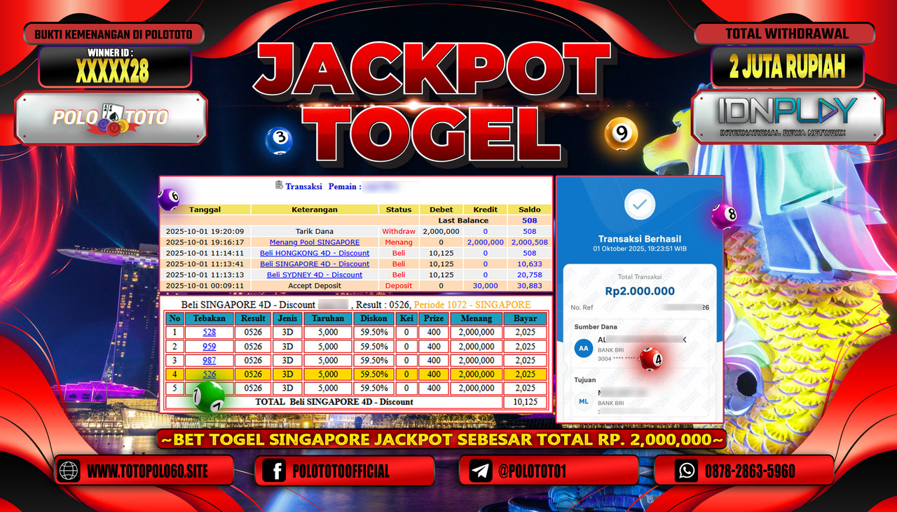POLOTOTO JACKPOT TOGEL POOL SINGAPORE Rp.2.000.000,- LUNAS