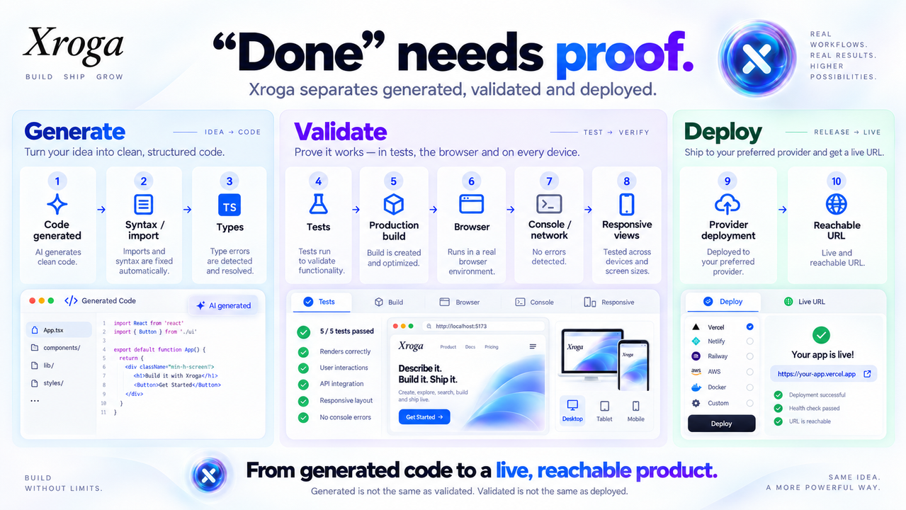 Xroga software verification pipeline from generated code through types tests production build browser checks responsive views deployment and reachable URL