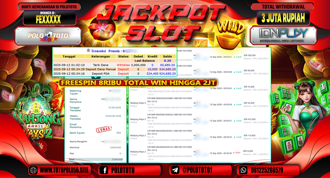 POLOTOTO JACKPOT SLOT MAHJONG WAYS 2 Rp.3.000.000,-
