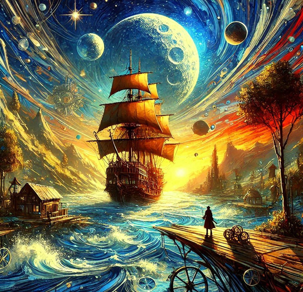 Um belíssimo navio a vela flutuando em um mar de imaginação com planetas celestiais ao fundo, convidando a navegar no Universo literário.