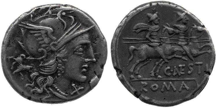 Denario de la gens Antestia. C ANTESTI ROMA. Los Dióscuros a caballo a dcha. Roma. 1