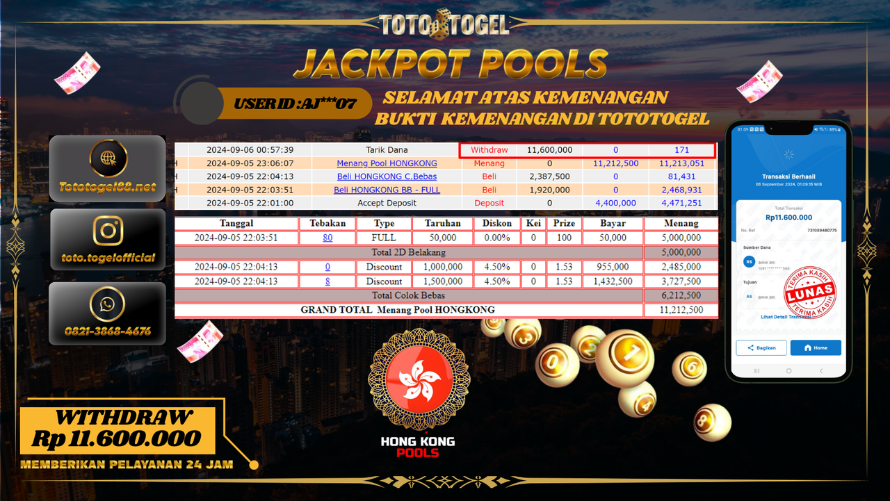 Bukti Kemenangan Permainan Pools Hongkong ID : AJ****07 Terbayar Lunas!!