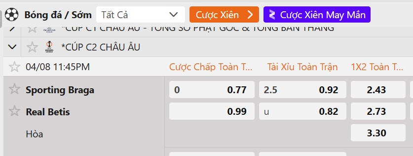 Tỷ lệ kèo SC Braga vs Real Betis