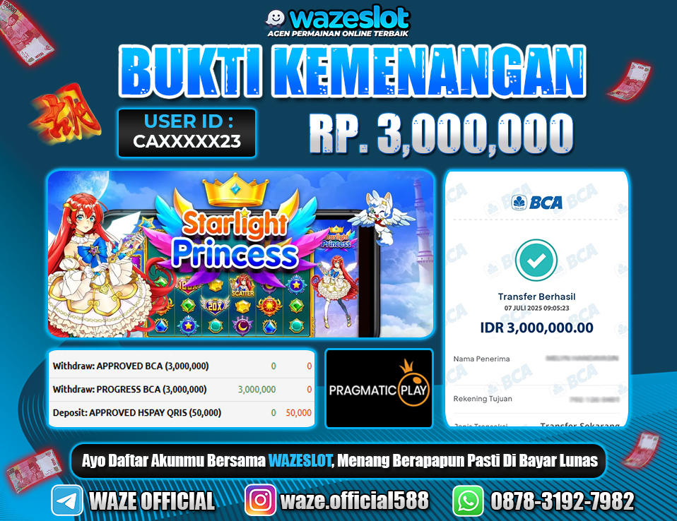 BUKTI KEMENANGAN 07 JULI 2025 DI GAME STARLIGHT PRINCESS