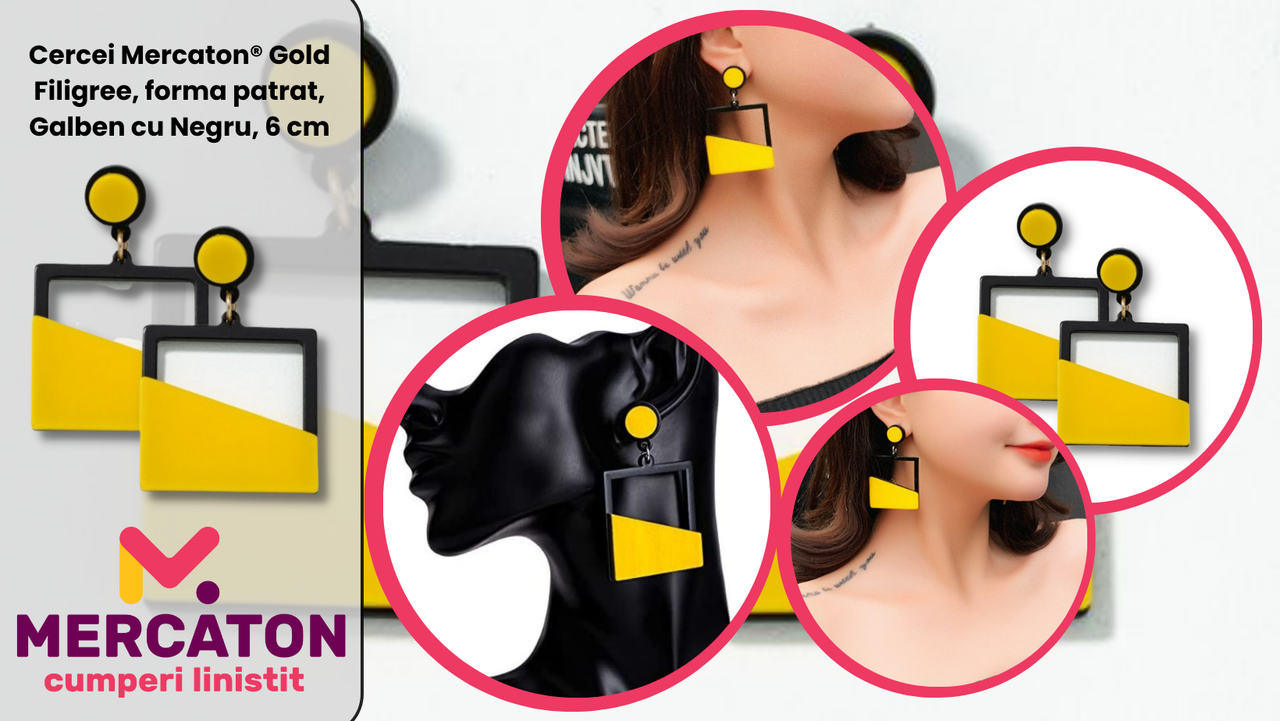 Cercei Gold Filigree, forma patrat, Galben cu Negru, 6 cm - Seturi Cercei - Mercaton Store