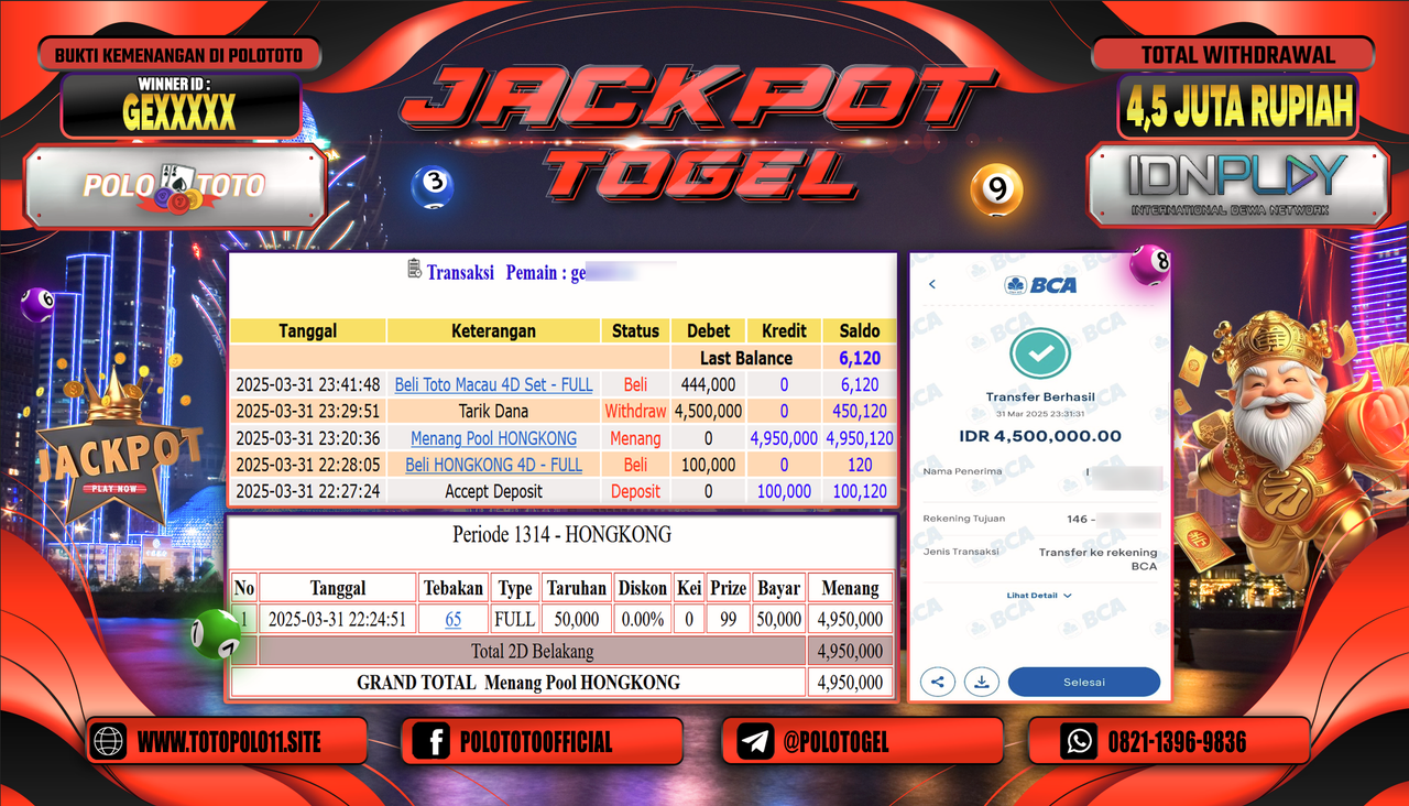 POLOTOTO JACKPOT TOGEL PASARAN HONGKONG  Rp.4.500.000,- LUNAS