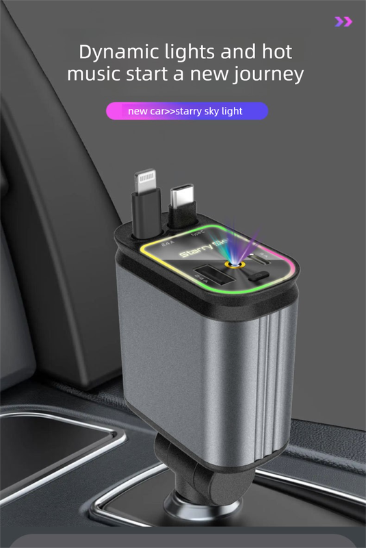 4-in-1 Retractable Car Charger Adapter 120W Dual Type-C Cables Starry Sky Projector Fast Charging for iPhone 15/16 Samsung Pixel
