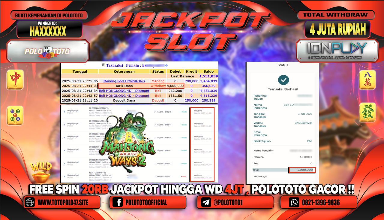 POLOTOTO JACKPOT SLOT MAHJONG WAYS 2 Rp.4.000.000,-