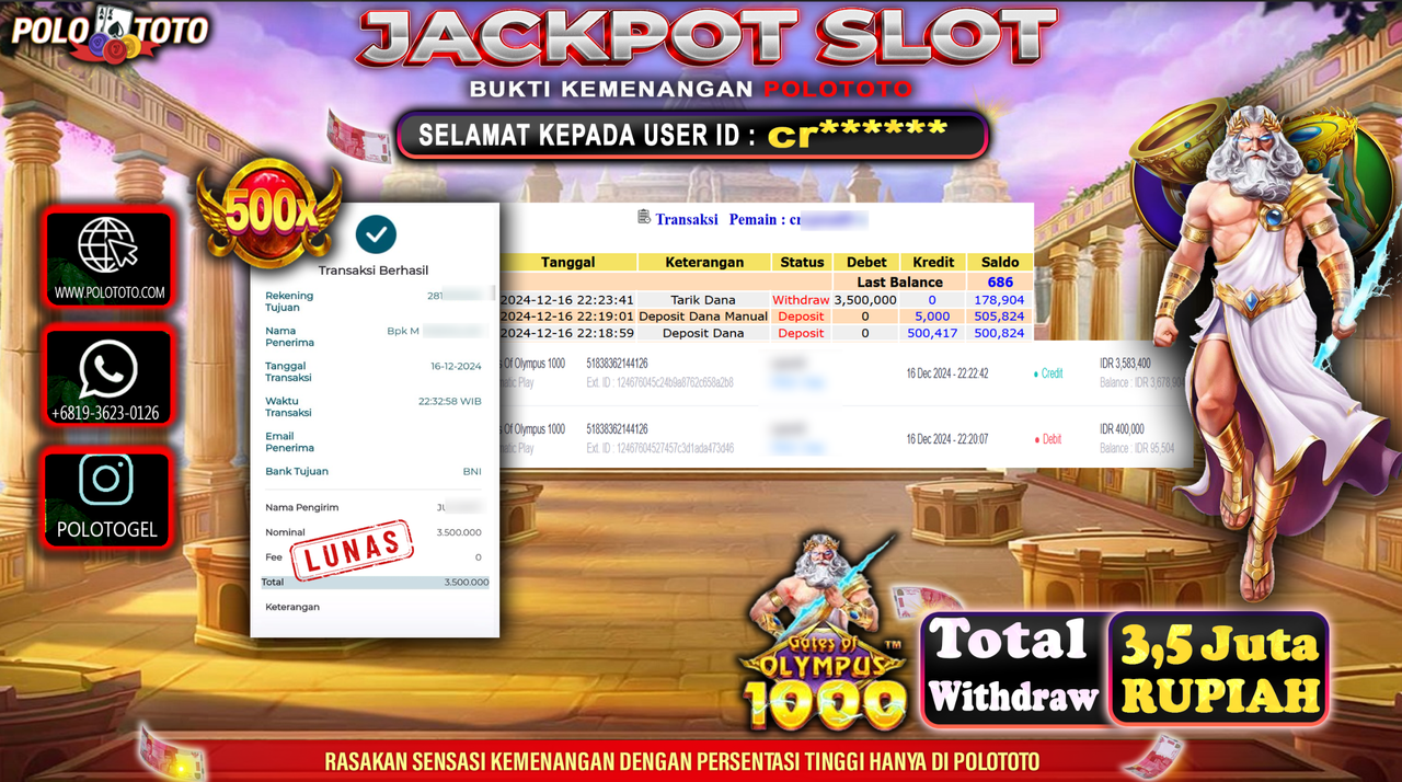 POLOTOTO JACKPOT SLOT GATES OF OLYMPUS 1000 Rp.3,500.000,-