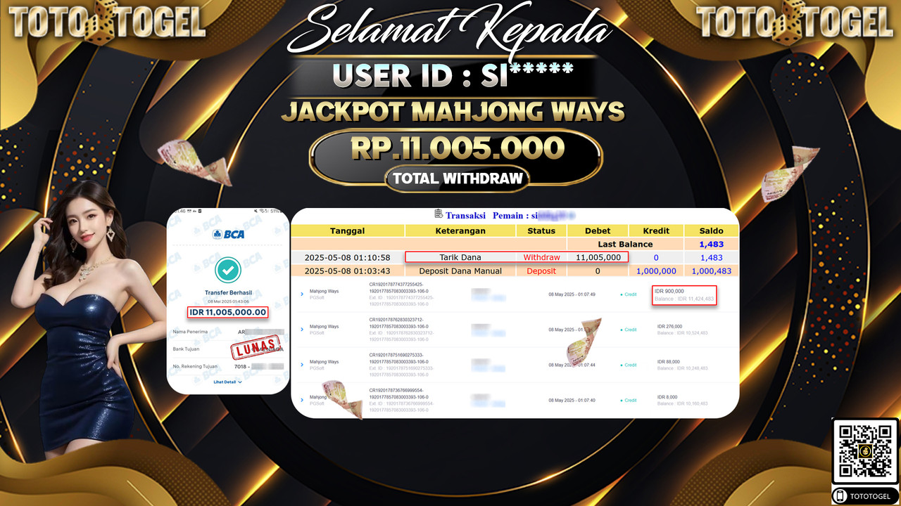 Bukti Pembayaran Jackpot  Permainan Slot Mahjong Ways ID:SI***** LUNAS