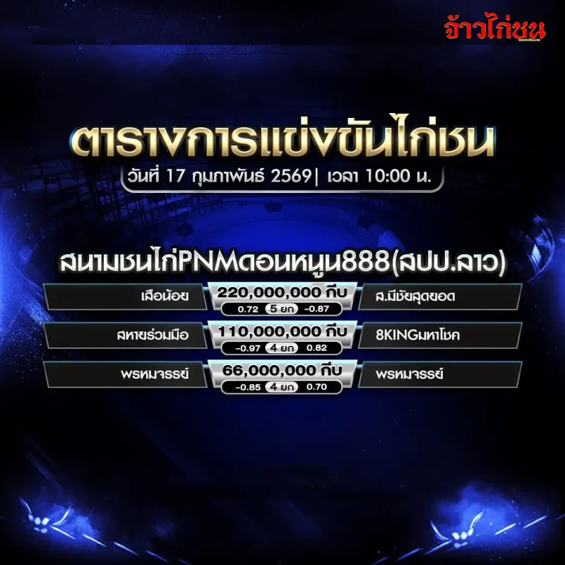 ใบโปรแกรมการแข่งขันไก่ชน สนามชนไก่ PNM ดอนหนูน 888 วันที่ 17 กุมภาพันธ์ 2569