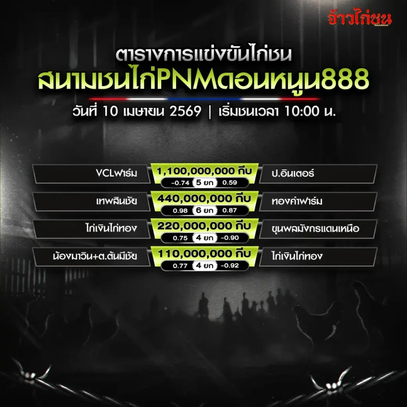 โปรแกรมไก่ชน สนามชนไก่ PNM ดอนหนูน888 วันศุกร์ที่ 10 เมษายน 2569