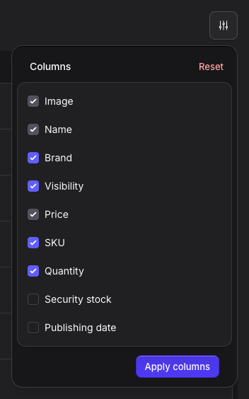 Stature Theme product table column manager in dark mode