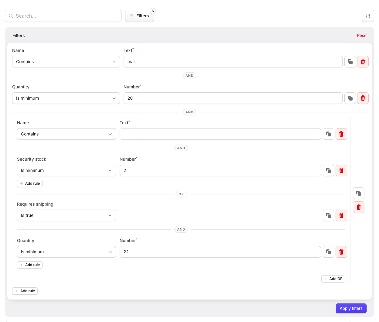 Stature Theme product table query builder in light mode