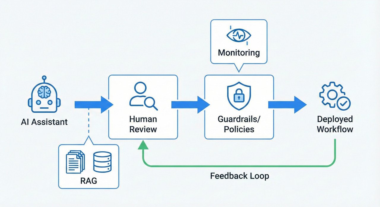 Step-by-step diagram of an AI workflow with Human Review and Guardrails