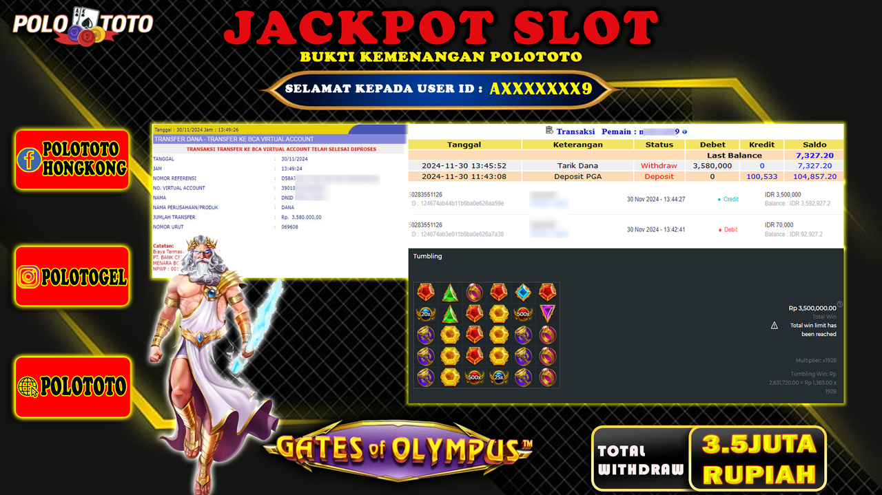 POLOTOTO JACKPOT SLOT GATES OF OLYMPUS Rp.3,580.000,-